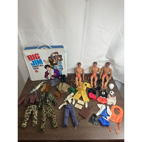 Mattel 1971 Big Jim & Big Jeff Dolls with Karate Chop, 1973 Case, Clothing Lot